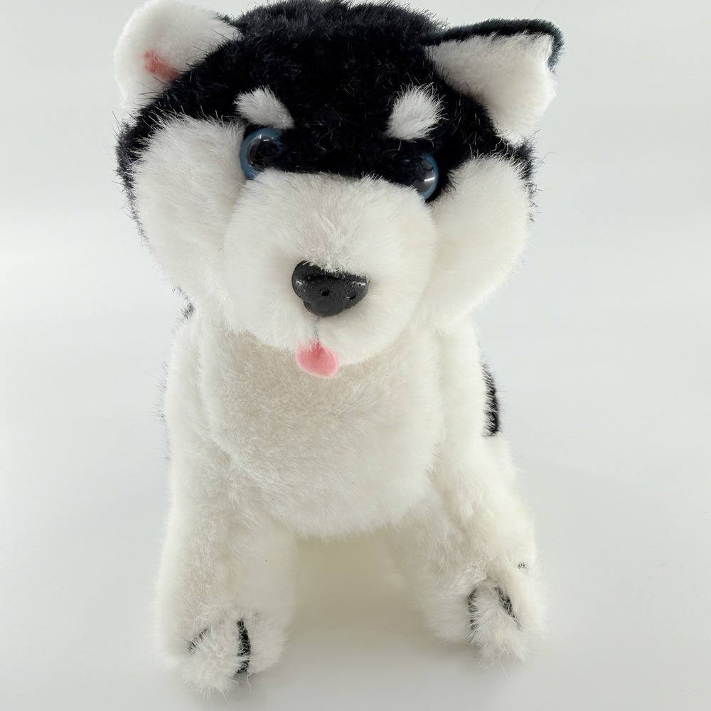 Vintage R Dakin 1985 Seated Husky Dog Plush Blue Eyes Panting Tongue Stuffed Toy